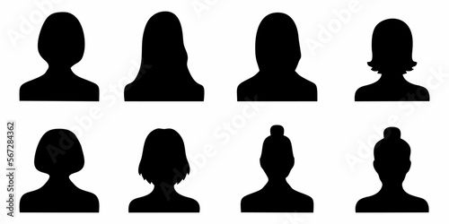 Female head silhouettes avatar, profile icons. Stock vector. Set of silhouettes of people