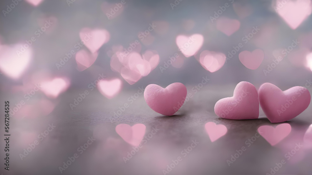 Pink hearts, soft & gentle, on a pink and light blue bokeh background, 3D. Valentine's Day, sweet romance, love, aesthetic concept. Gorgeous backdrop, copy space. Wallpaper, card, generative AI.