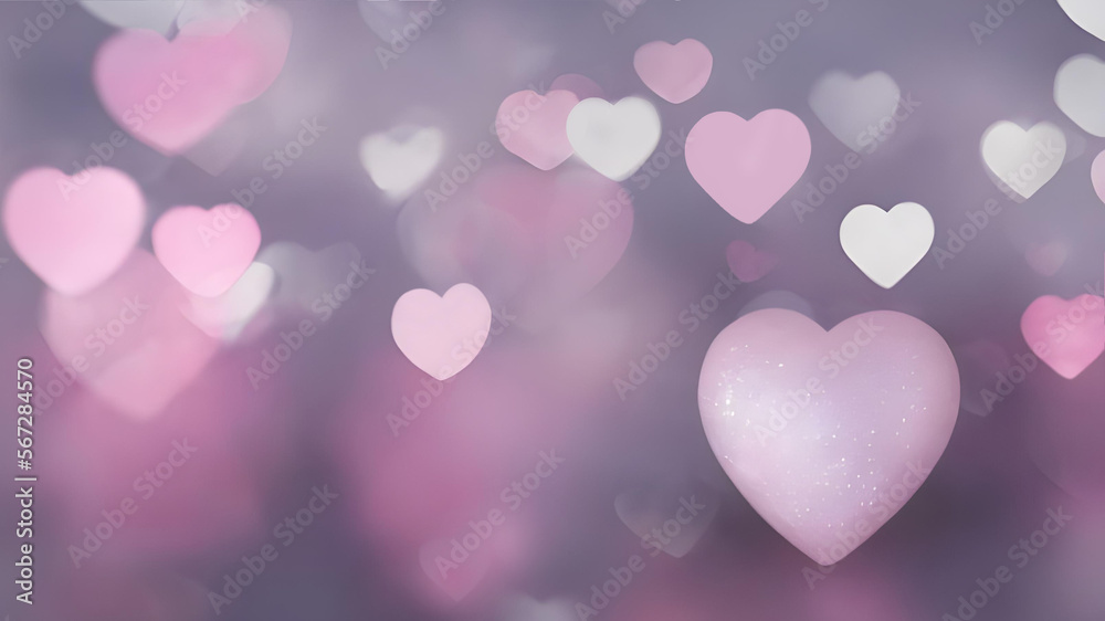 Pink hearts, soft & gentle, on a pink and light blue bokeh background, 3D. Valentine's Day, sweet romance, love, aesthetic concept. Gorgeous backdrop, copy space. Wallpaper, card, generative AI.