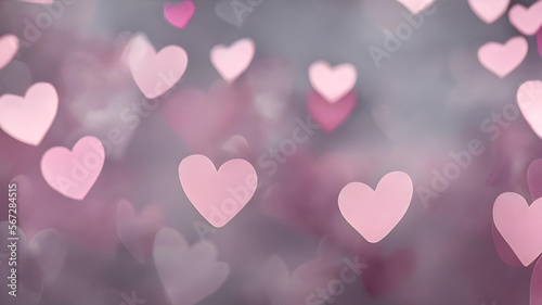 Pink hearts, soft & gentle, on a pink and light blue bokeh background, 3D. Valentine's Day, sweet romance, love, aesthetic concept. Gorgeous backdrop, copy space. Wallpaper, card, generative AI.