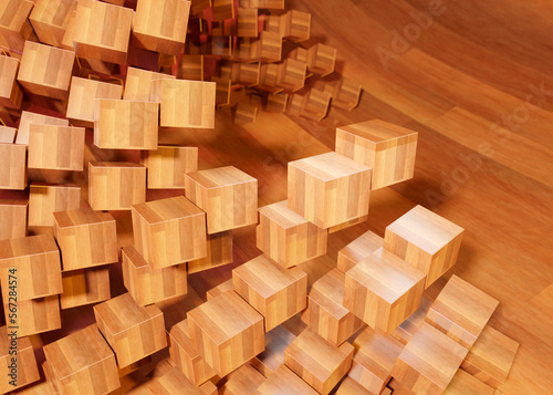 Conceptual wooden product presentation stage. Levitating array of wooden block with subtle light strips in them.