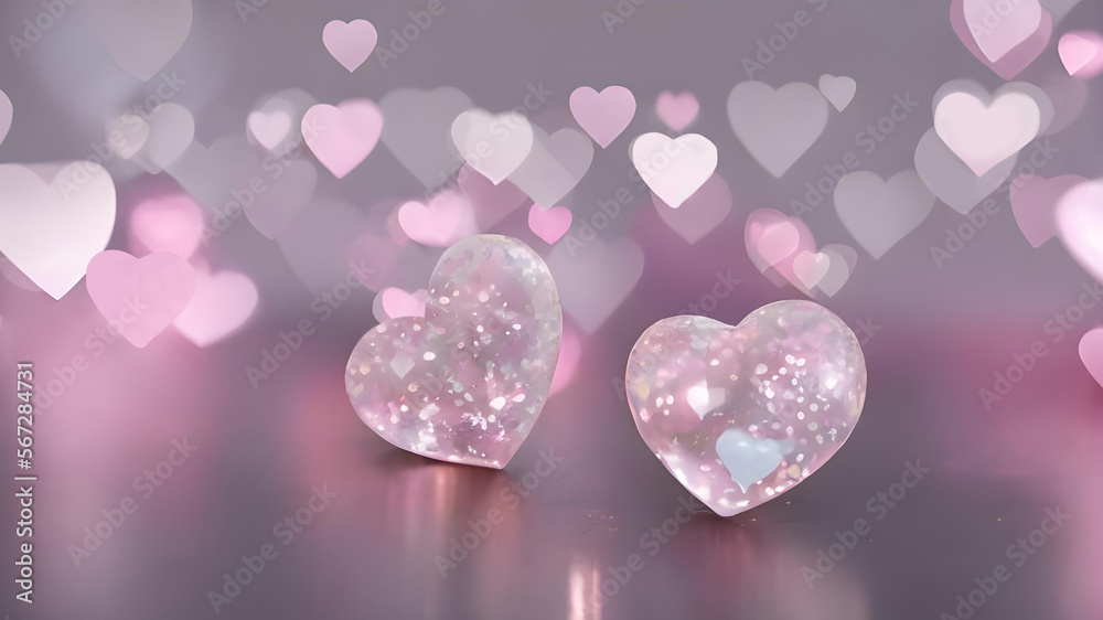 Glass hearts filled with confetti, on a pink bokeh background. 3D, Valentine's Day, Easter, wedding, love & romance concept. Copy space. Wallpaper, backdrop, card, magazine, blog, generative AI.