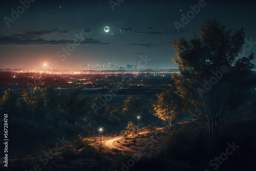 Beautiful landscape featuring a city skyline in the distance lit up at night. Generative AI.