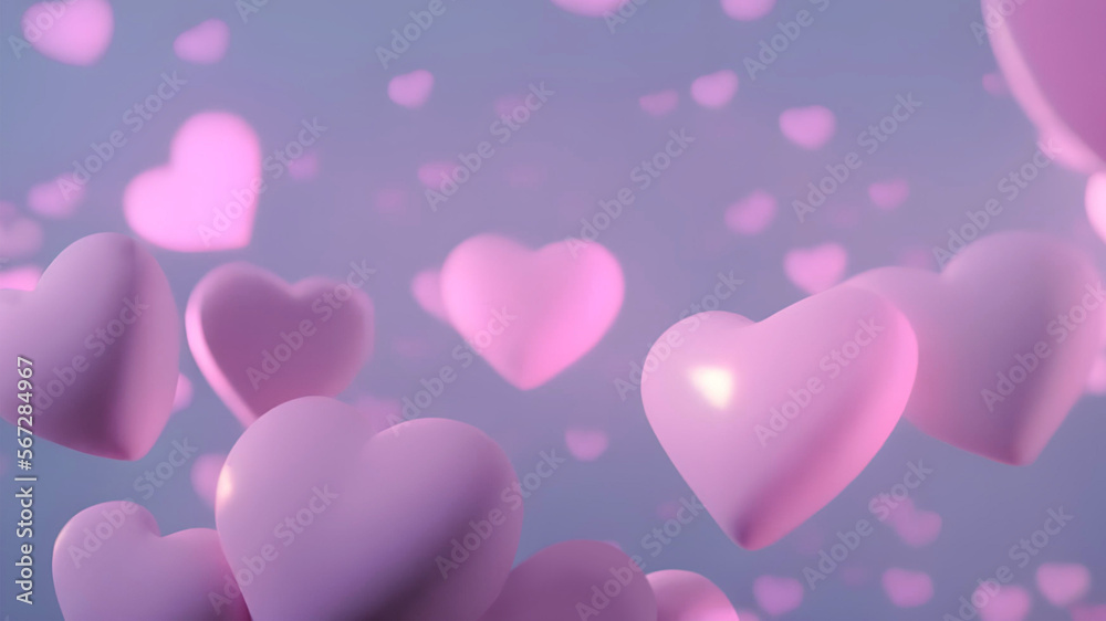 Neon pastel 3D pink hearts on a light blue bokeh background. Sweet Y2K romance aesthetic concept. Gorgeous 90s backdrop, lofi copy space. Retro wallpaper, card  