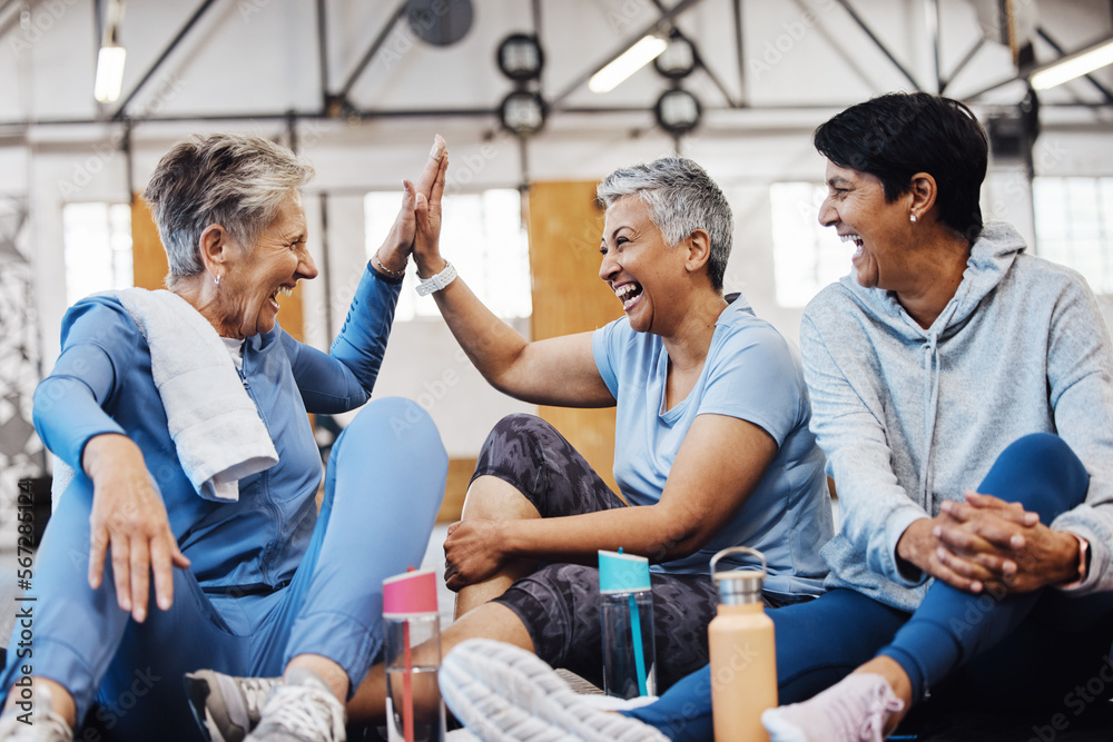 Gym, high five and group of mature women celebrate after fitness class,  conversation and congratulations on floor. Exercise, bonding and happy  senior woman with friends sitting together at workout. Photos | Adobe