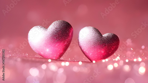 Two in love Pink sparkly hearts red background glitter Wallpaper bokeh. Happy Valentine's Day! Card, magazine background
