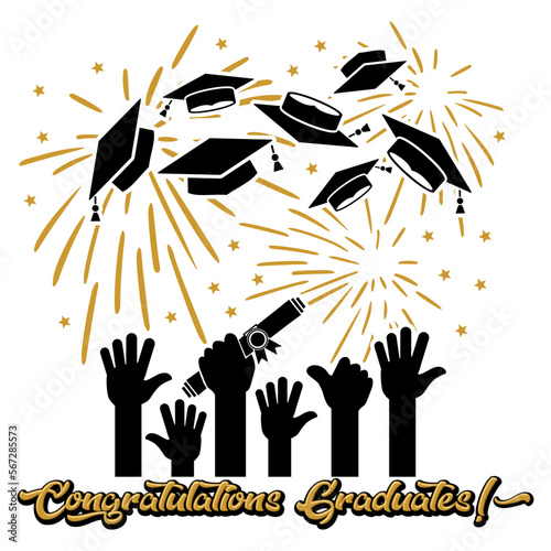 Graduation class poster for greeting, invitation card, graduation design, T-shirt, party high school or college graduate. Graduates hands throw up square academic caps. Vector on transparent backgroun