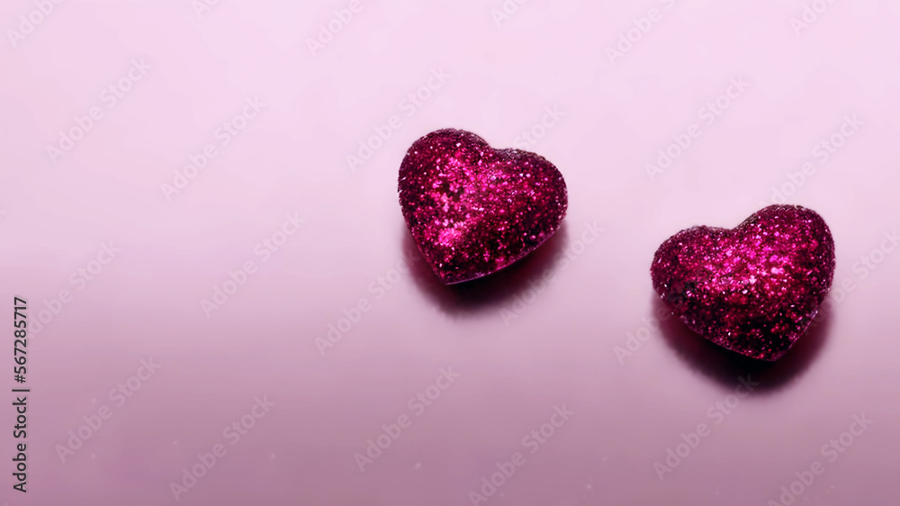 Obraz premium Two hearts purple glitter on a pink background. Flat lay, copy space, card, wallpaper, Valentine's Day message, wedding, love & romance concept 4K
