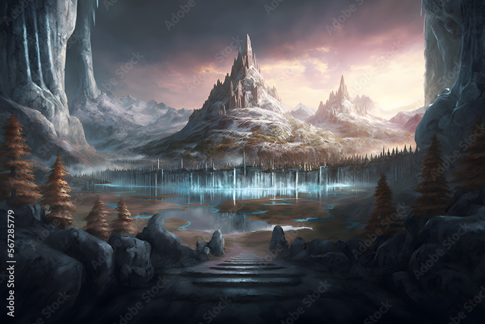 Jotunheim realm the kingdom of giants . Fantasy nordic mythology and viking mythology. Generative AI - obrazy, fototapety, plakaty 