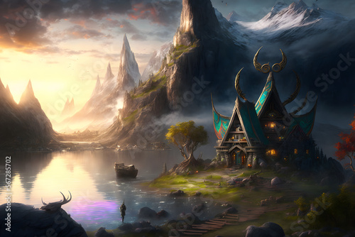 Fantasy Asgard realm. Norse mythology and viking mythology. Generative AI