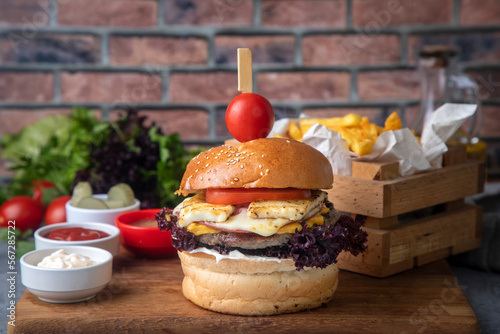 Homemade hamburger served w...