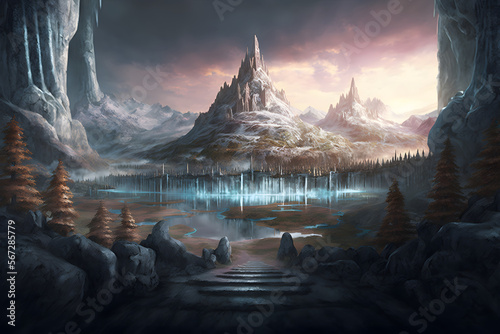 Jotunheim realm the kingdom of giants . Fantasy nordic mythology and viking mythology. Generative AI