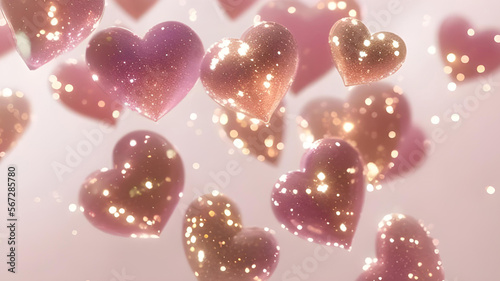 Y2K sparkly, glitter 3D hearts floating in the air with a pink spring sorbet background. Happy Valentine's Day, wallpaper, card, backdrop, art.