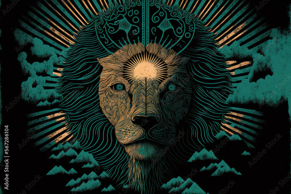 surreal ancient lion with doom sky and dark energy (generative AI) - obrazy, fototapety, plakaty 
