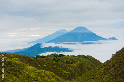 Mount Sumbing and Mount Sindoro panorama viewed from the top of Mount Prau Central Java