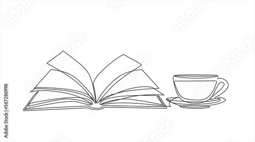 Continuous line drawing of book and coffee or tea, vector illustration, one line