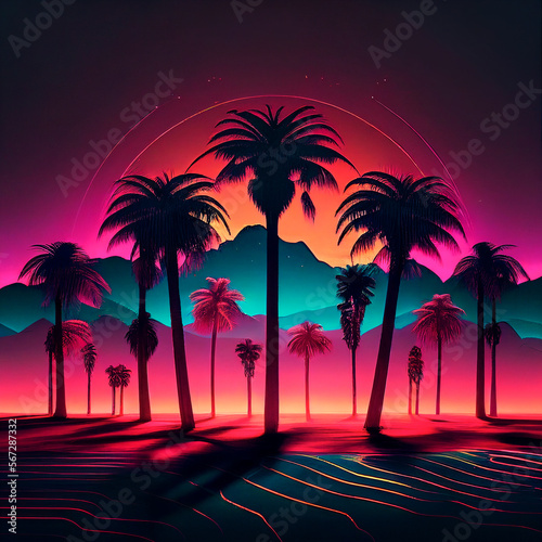 Cyberpunk futuristic neon dark background. Summer landscape, palm trees and cyber city lights. Illustration, Generative AI.