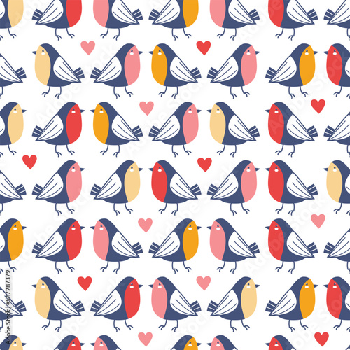 Festive seamless background. Valentine's Day, February 14th. Cute little birds among red and pink hearts on a white background. Hand drawn vector illustration for wallpaper, packaging, wrapping paper.