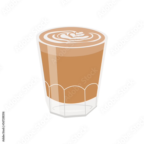 Hot fresh latte or cortado in transparent glass. Cup of brown arabic coffee with foam cappuccino art on top. Colored flat vector illustration in trendy minimalist style isolated on white background.