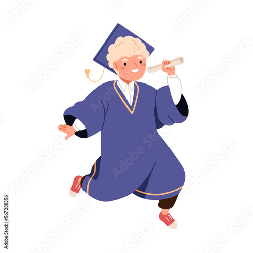 Kid with graduation diploma. School child graduating in gown, cap. Cute littl...