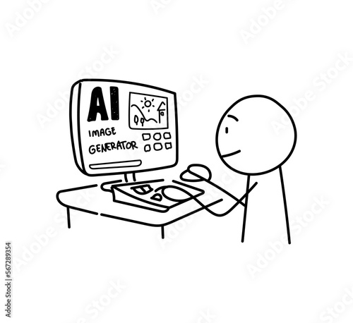 Artificial intelligence image generator, a stick figure in front of the computer using artificial intelligence based image generator to create image, isolated on white background.