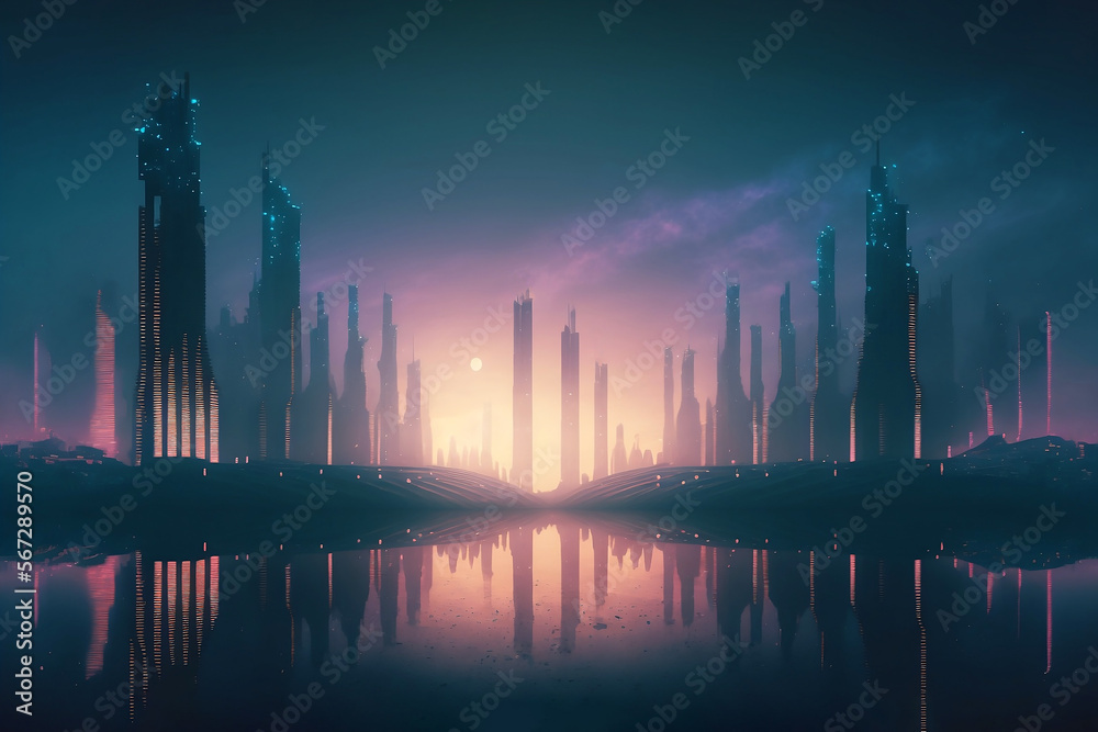 Night city Cyber punk landscape concept. Light glowing on dark scene. Night life. Technology network for 5g. Beyond generation and futuristic of Sci-Fi Capital city and building scene. Generative AI.