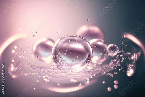 Cosmetic essence glittering molecule bubble. Collagen, vitamin or serum drop for moisturizer. Liquid molecule chemical structure floating on water background with Generative AI.