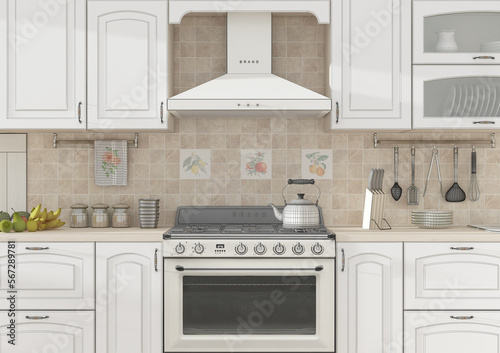 Kitchen interior color grid 3D rendering