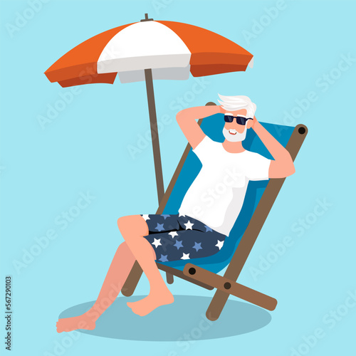 Elderly man sunbathing on the blue background.The concept of active old age. Day of the elderly. Flat vector © Natwaree
