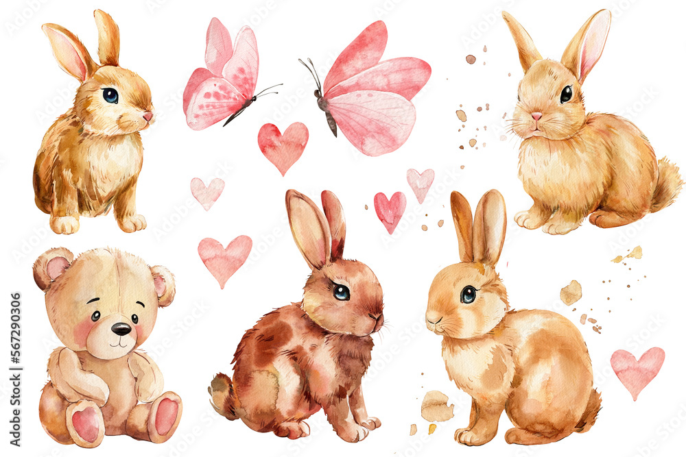 Cute drawing bunny, bear, butterfly. Animal on isolated white background. Watercolor hand drawn illustration