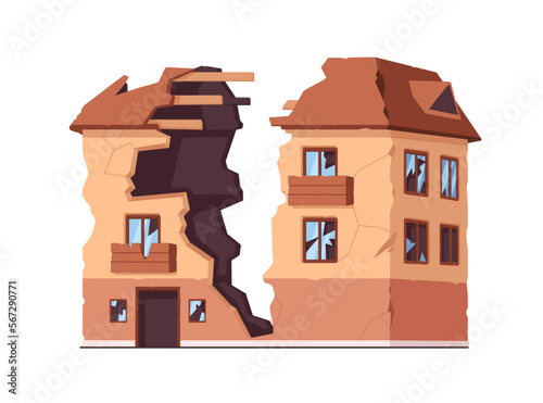 Damaged broken building with cracked windows, destroyed walls. Split construction after catastrophe. Collapsed dwelling house with ruined roof. Flat vector illustration isolated on white background