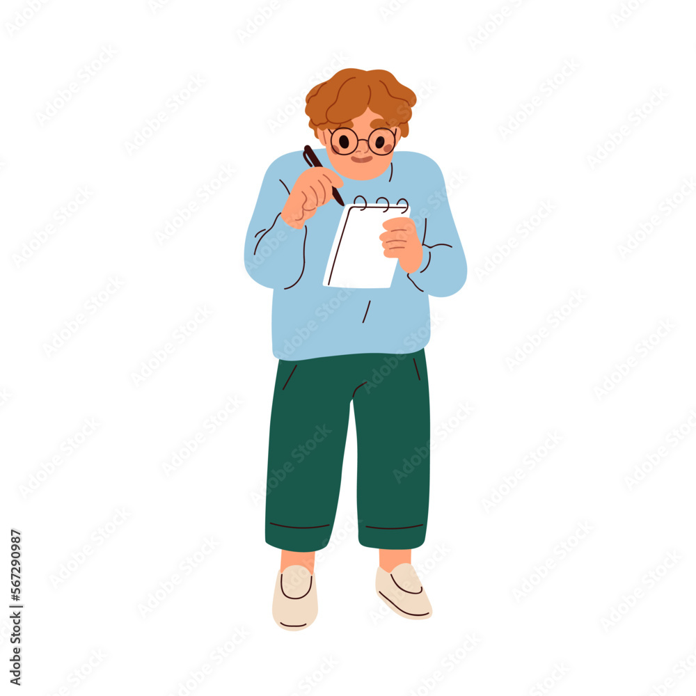 Boy nerd in glasses. Smart kid in eyeglasses, writing, taking notes in notepad. Interested enthusiastic clever child, curious excited genius. Flat vector illustration isolated on white background