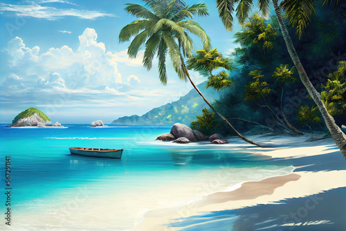 Remote white sandy beach on tropical island with crystal clear waters as travel destination illustration  Generative AI 