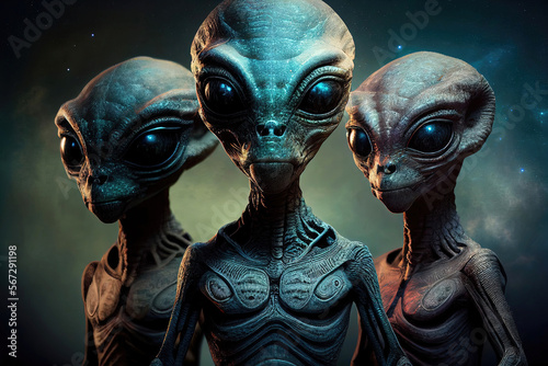 Portrait of three alien creatures from outer space (Generative AI)