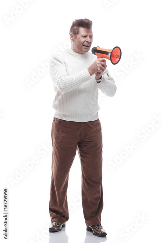 smiling handsome man with a megaphone. isolated on a white