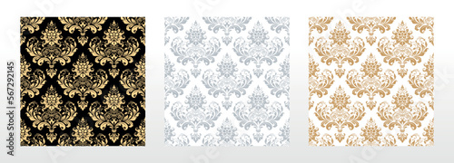 Wallpapers in the style of Baroque. Seamless vector backgrounds. Set of colored floral ornaments. Graphic patterns for fabric, wallpaper, packaging. Ornate Damask flower ornaments