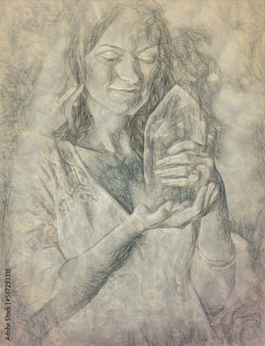 Beautiful woman holding the natural protection crystal. Painting effect and drawing effect.