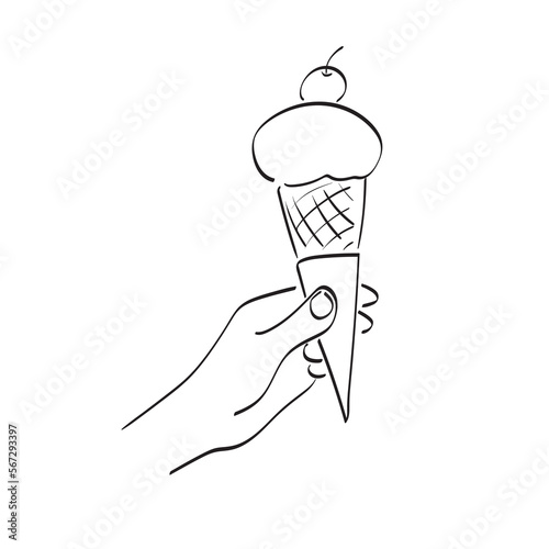 closeup hand holding cone ice cream illustration vector hand drawn isolated on white background line art.