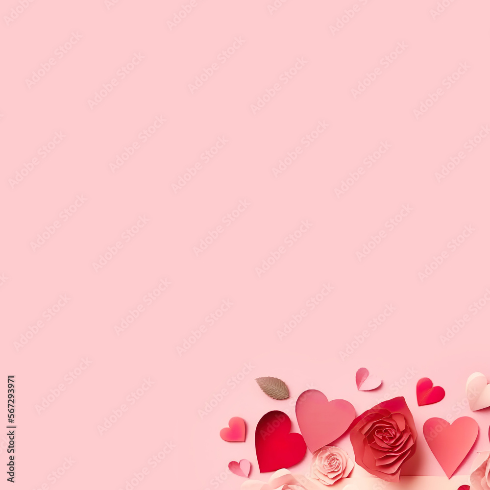 Beautiful Paper Cut Hearts and Roses Romantic Composition on Solid Pastel Pink Background. Valentines Day greeting card design. Topview, Flat lay. Square Format. Digital Art Illustration. Beautiful Paper Cut Hearts and Roses Romantic Composition on Solid Pastel Pink Background. Valentines Day greeting card design. Topview, Flat lay. Square Format. Digital Art Illustration.