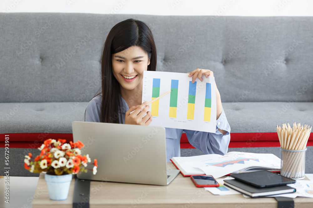 Young Cute Woman feels happy while video call Meeting on Work For Home. Young Cute Woman feels happy while video call Meeting on Work For Home.