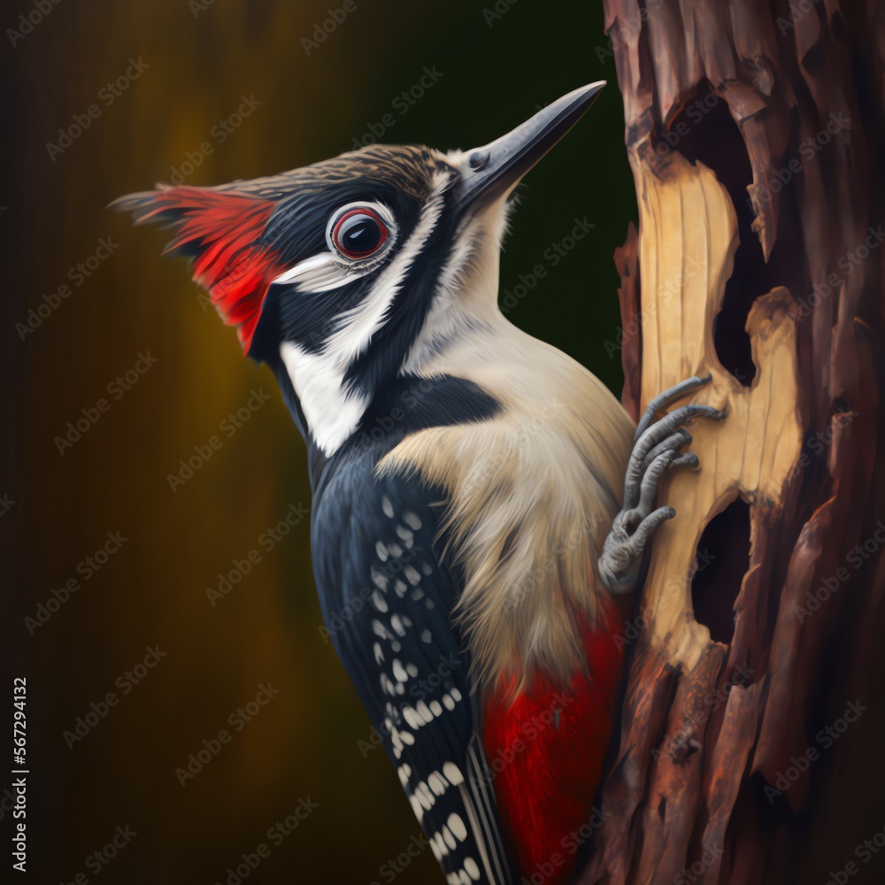 Woodpecker. Greater spotted woodpecker. Generative AI. - obrazy, fototapety, plakaty 