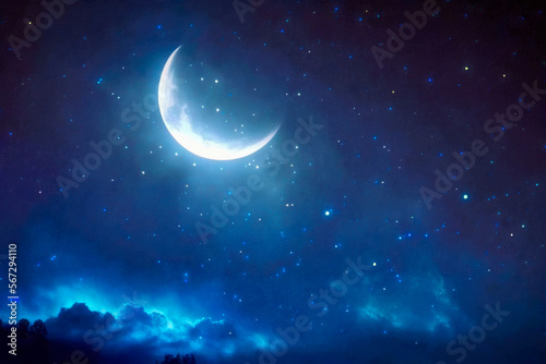 Leinwand Poster The bright crescent moon on the night sky generative AI