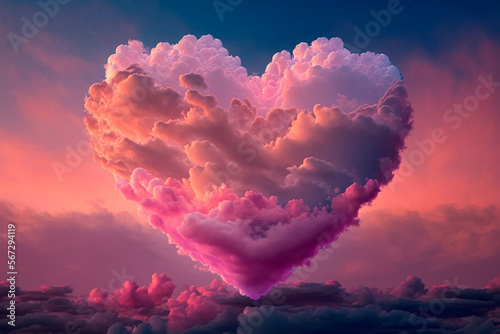 Heart-shaped clouds on pink sky generative AI