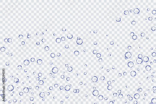 Blue air bubbles, oxygen, champagne crystal clear, isolated on a transparent background of modern design. Vector illustration of EPS 10.