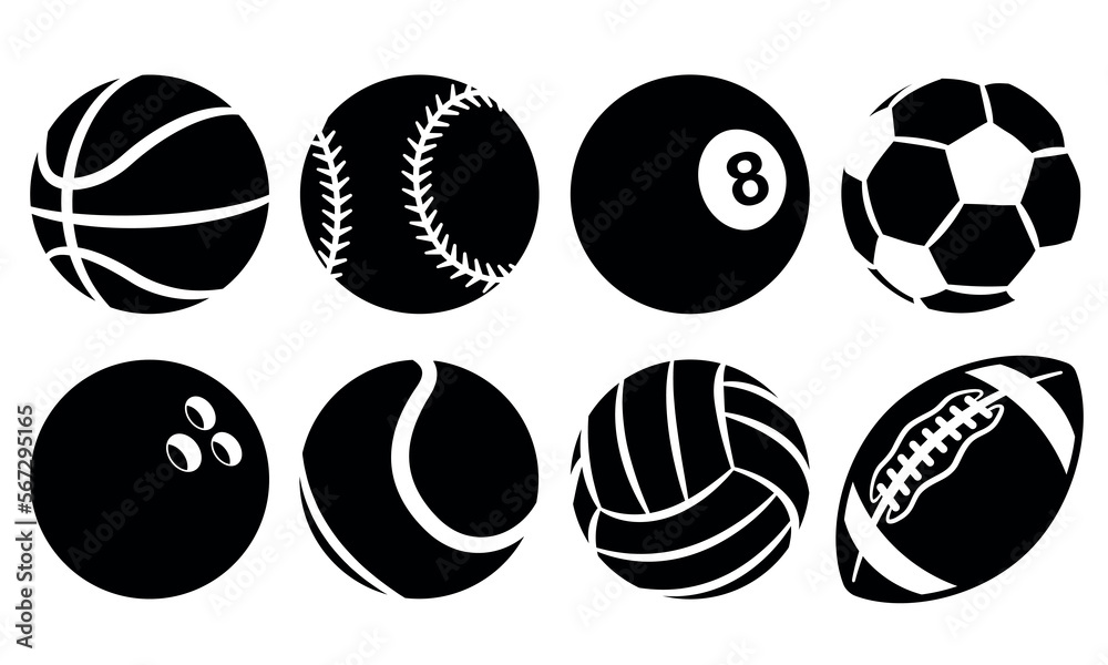 Set of sports balls black and white vector images. Silhouette graphics of american football and soccer, baseball, basketball, bowling, snooker volleyball and tennis. Set of sports balls black and white vector images. Silhouette graphics of american football and soccer, baseball, basketball, bowling, snooker volleyball and tennis.