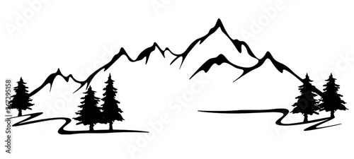 Foto Black silhouette of mountains and fir trees camping landscape panorama illustration icon vector for logo, isolated on white background