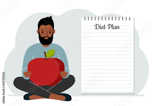 Diet plan illustration. A man sits cross-legged and holds a large red apple. The concept of diet food, meal planning, nutrition consultation.