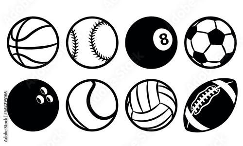 sports balls Icons vector set silhouette graphics. Illustration of american football and soccer, baseball, basketball, bowling, snooker volleyball and tennis.