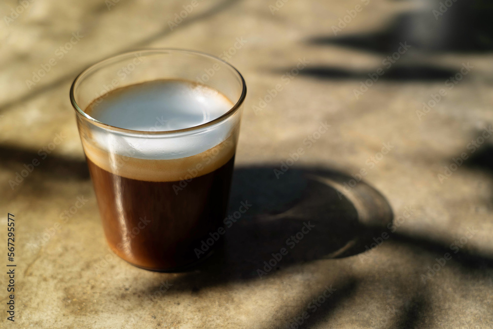 Clear cup of americano macchiato coffee with shadow of tree branch on desk in the morning Clear cup of americano macchiato coffee with shadow of tree branch on desk in the morning
