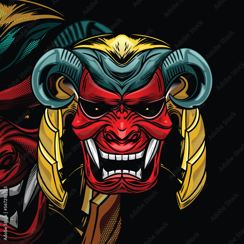 Artistic vector illustration of colored and shaped samurai masks. Cool monster face